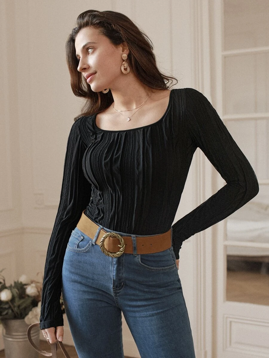 SHEIN Frenchy Solid Scoop Neck Tee - Black - View 1