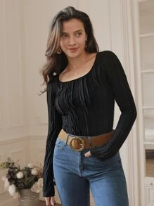 SHEIN Frenchy Solid Scoop Neck Tee - Black - View 2