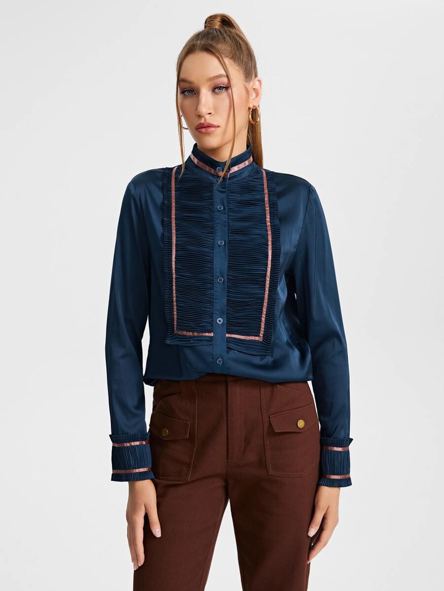 JuJu Lee Contrast Trim Ruched Front Satin Blouse - Navy Blue - View 1