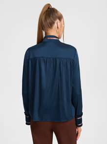 JuJu Lee Contrast Trim Ruched Front Satin Blouse - Navy Blue - View 2