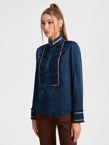 JuJu Lee Contrast Trim Ruched Front Satin Blouse - Navy Blue - View 3