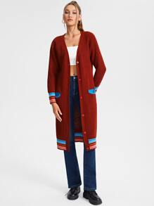 JuJu Lee Cárdigan ribete de rayas con botón delantero - Burdeos - Ver 1