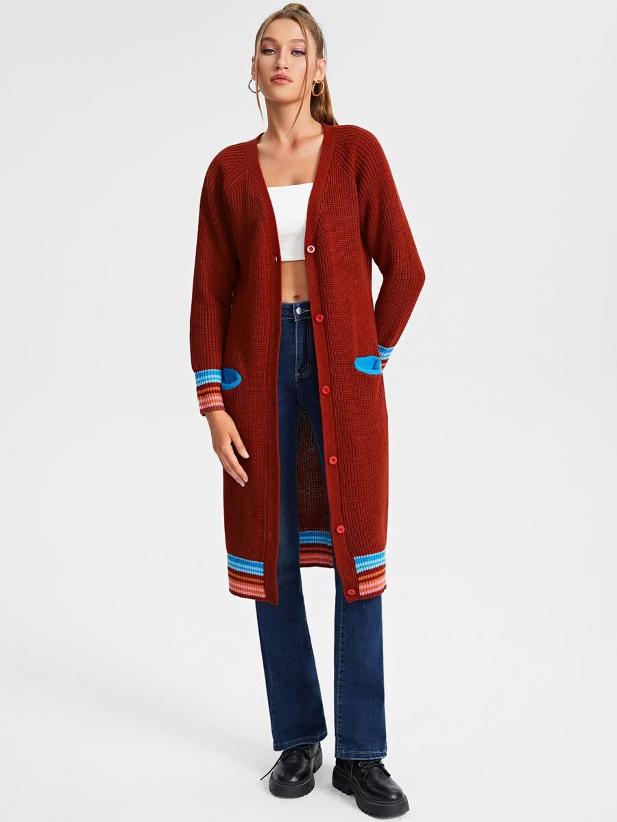 JuJu Lee Cárdigan ribete de rayas con botón delantero - Burdeos - Ver 1