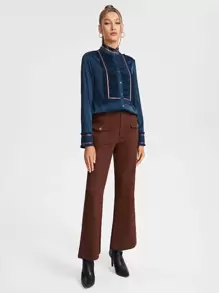 JuJu Lee Contrast Trim Ruched Front Satin Blouse - Navy Blue - View 4