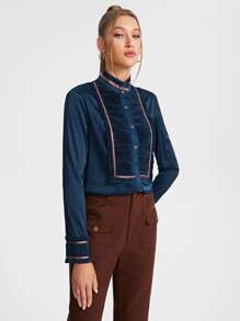 JuJu Lee Contrast Trim Ruched Front Satin Blouse - Navy Blue - View 5