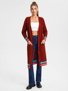 JuJu Lee Cárdigan ribete de rayas con botón delantero - Burdeos - Ver 4