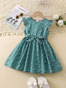 SHEIN Vestido de niña verde estilo vacaciones con estampado floral pequeño, escote redondo y mangas casquillo con volantes, para verano - Verde - Ver 1