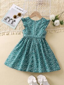 SHEIN Vestido de niña verde estilo vacaciones con estampado floral pequeño, escote redondo y mangas casquillo con volantes, para verano - Verde - Ver 2
