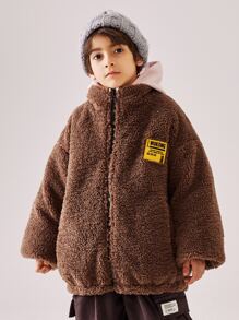 Tween Boy Reversible Zip Up Patch Detail Drop Shoulder Teddy Padded Coat - Coffee Brown - View 1