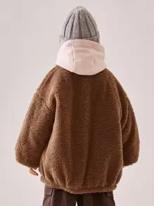 Tween Boy Reversible Zip Up Patch Detail Drop Shoulder Teddy Padded Coat - Coffee Brown - View 2