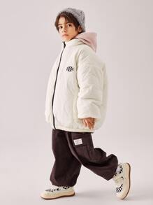 Tween Boy Reversible Zip Up Patch Detail Drop Shoulder Teddy Padded Coat - Coffee Brown - View 3