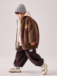 Tween Boy Reversible Zip Up Patch Detail Drop Shoulder Teddy Padded Coat - Coffee Brown - View 5