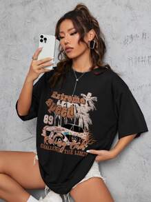 SHEIN EZwear Car & Letter Graphic Drop Shoulder Tee - Black - View 1
