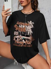 SHEIN EZwear Car & Letter Graphic Drop Shoulder Tee - Black - View 4