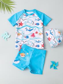 Baby Boy Cartoon Graphic Beach Swimsuit With Swim Cap - Blue and White - View 1