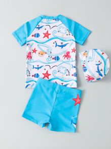 Baby Boy Cartoon Graphic Beach Swimsuit With Swim Cap - Blue and White - View 2