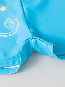 Baby Boy Cartoon Graphic Beach Swimsuit With Swim Cap - Blue and White - View 3