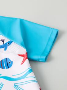 Baby Boy Cartoon Graphic Beach Swimsuit With Swim Cap - Blue and White - View 4