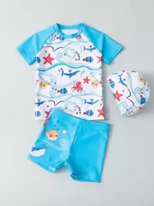 Baby Boy Cartoon Graphic Beach Swimsuit With Swim Cap - Blue and White - View 5