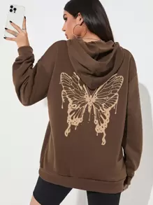 SHEIN LUNE Butterfly Print Thermal Lined Kangaroo Pocket Drawstring Hoodie - Coffee Brown - View 1