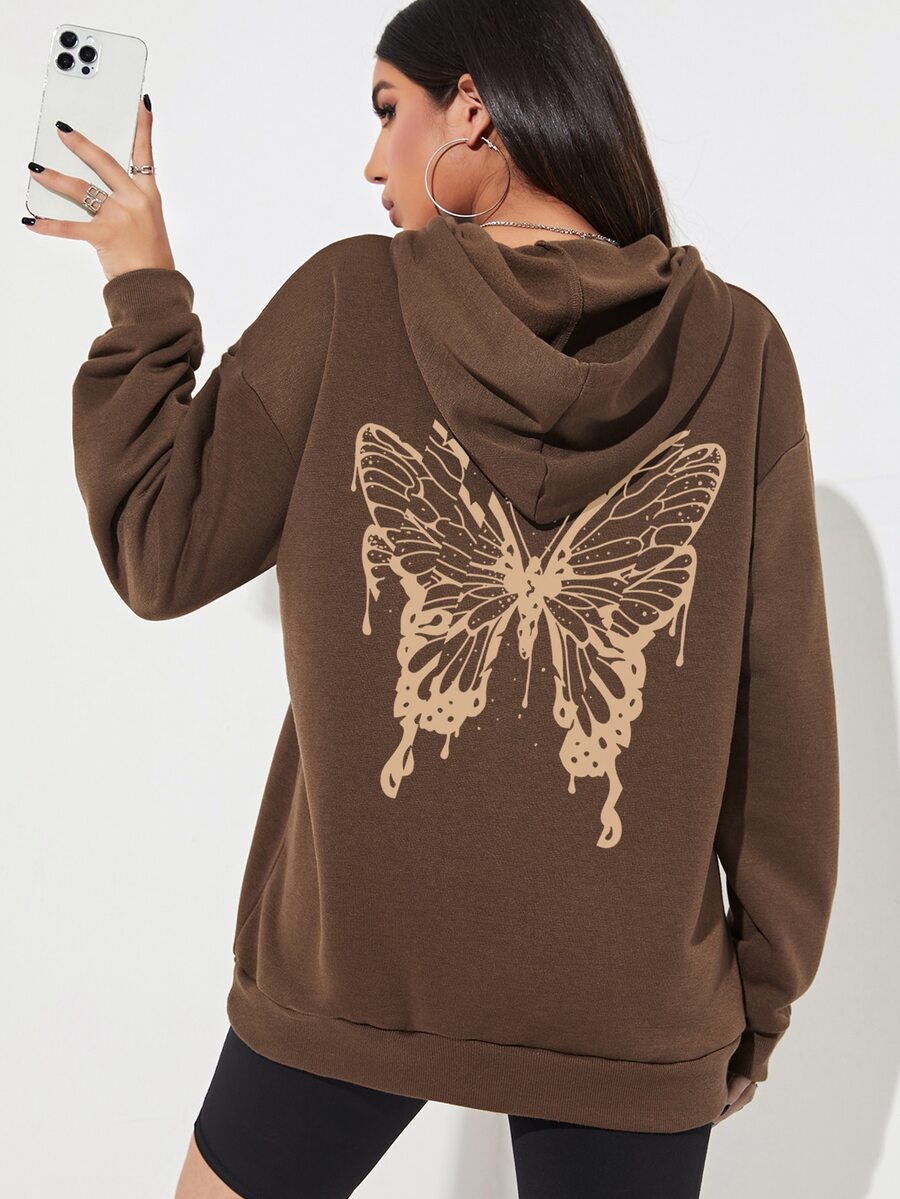SHEIN LUNE Butterfly Print Thermal Lined Kangaroo Pocket Drawstring Hoodie - Coffee Brown - View 1