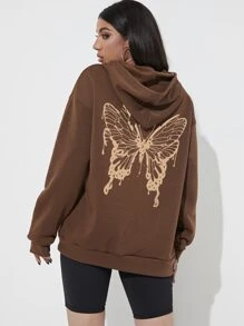 SHEIN LUNE Butterfly Print Thermal Lined Kangaroo Pocket Drawstring Hoodie - Coffee Brown - View 3