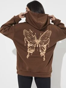 SHEIN LUNE Butterfly Print Thermal Lined Kangaroo Pocket Drawstring Hoodie - Coffee Brown - View 4