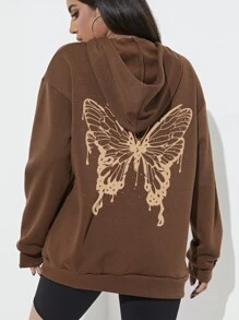 SHEIN LUNE Butterfly Print Thermal Lined Kangaroo Pocket Drawstring Hoodie - Coffee Brown - View 5