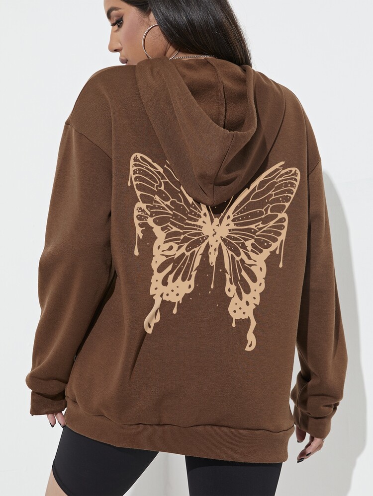 SHEIN LUNE Butterfly Print Thermal Lined Kangaroo Pocket Drawstring Hoodie - Coffee Brown - View 5