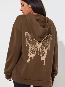 SHEIN LUNE Butterfly Print Thermal Lined Kangaroo Pocket Drawstring Hoodie - Coffee Brown - View 6