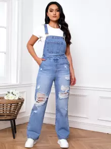Ripped Patched Pocket Denim Dungarees Without Tee - Medium Wash - View 3