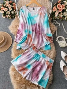 SHEIN Holidaya 大碼紮染燈籠袖上衣和短褲