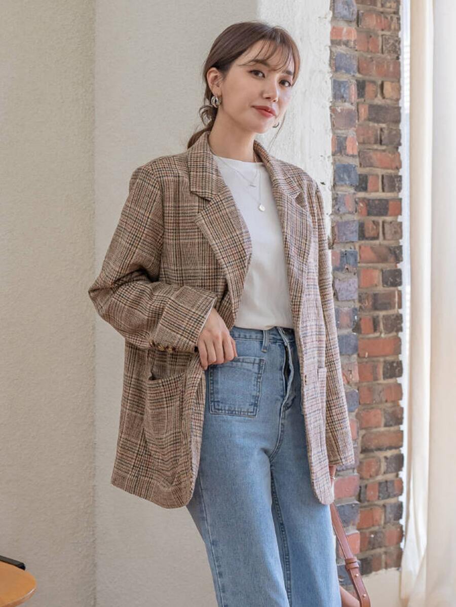 DAZY Plaid Double Pocket Single Breasted Blazer,Fall Clothes Business Attire - Multicolor - View 1