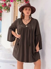 Rusttydustty Plus Tassel Tie Front Flounce Sleeve Dress - Chocolate Brown - View 1