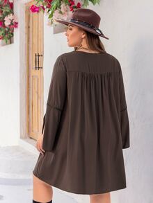 Rusttydustty Plus Tassel Tie Front Flounce Sleeve Dress - Chocolate Brown - View 2
