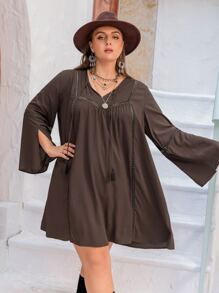 Rusttydustty Plus Tassel Tie Front Flounce Sleeve Dress - Chocolate Brown - View 3