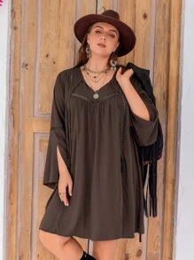 Rusttydustty Plus Tassel Tie Front Flounce Sleeve Dress - Chocolate Brown - View 5