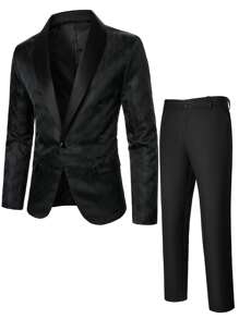 Manfinity Mode Men Jacquard Shawl Collar Blazer & Suit Trousers - Black - View 3