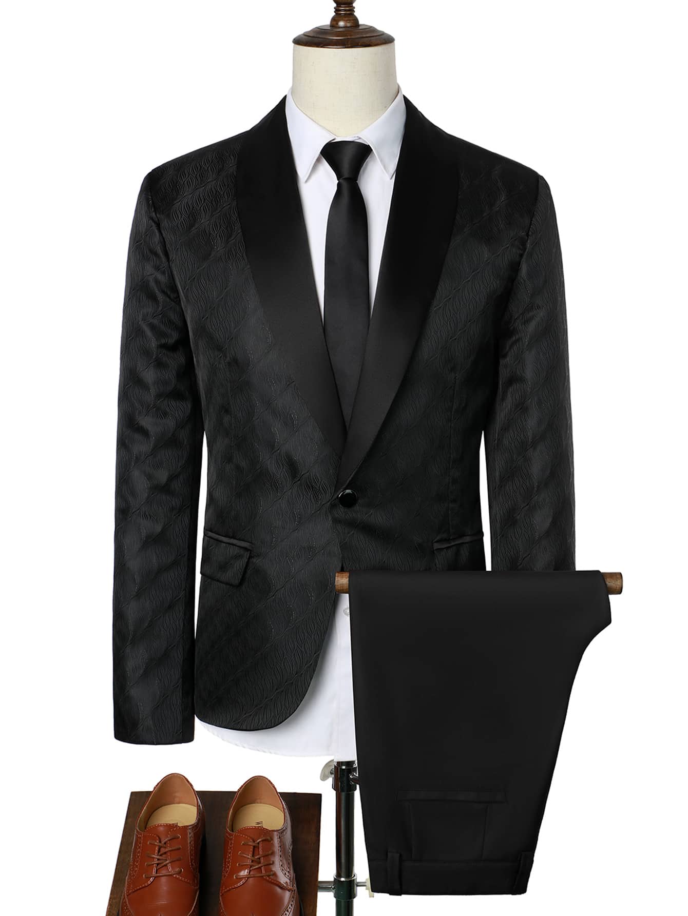Manfinity Mode Men Jacquard Shawl Collar Blazer & Suit Trousers - Black - View 1