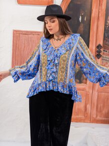 Rusttydustty Plus Floral Print Ruffle Trim Flounce Sleeve Peplum Blouse - Multicolor - View 5