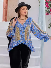 Rusttydustty Plus Floral Print Ruffle Trim Flounce Sleeve Peplum Blouse - Multicolor - View 4