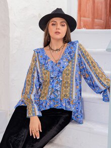 Rusttydustty Plus Floral Print Ruffle Trim Flounce Sleeve Peplum Blouse - Multicolor - View 6