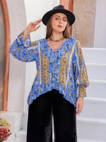 Rusttydustty Plus Floral Print Ruffle Trim Flounce Sleeve Peplum Blouse - Multicolor - View 1