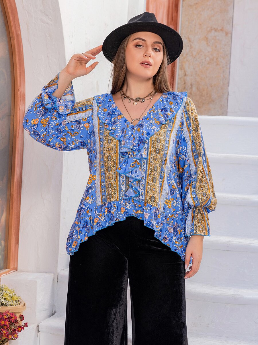 Rusttydustty Plus Floral Print Ruffle Trim Flounce Sleeve Peplum Blouse - Multicolor - View 1