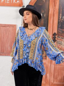 Rusttydustty Plus Floral Print Ruffle Trim Flounce Sleeve Peplum Blouse - Multicolor - View 3