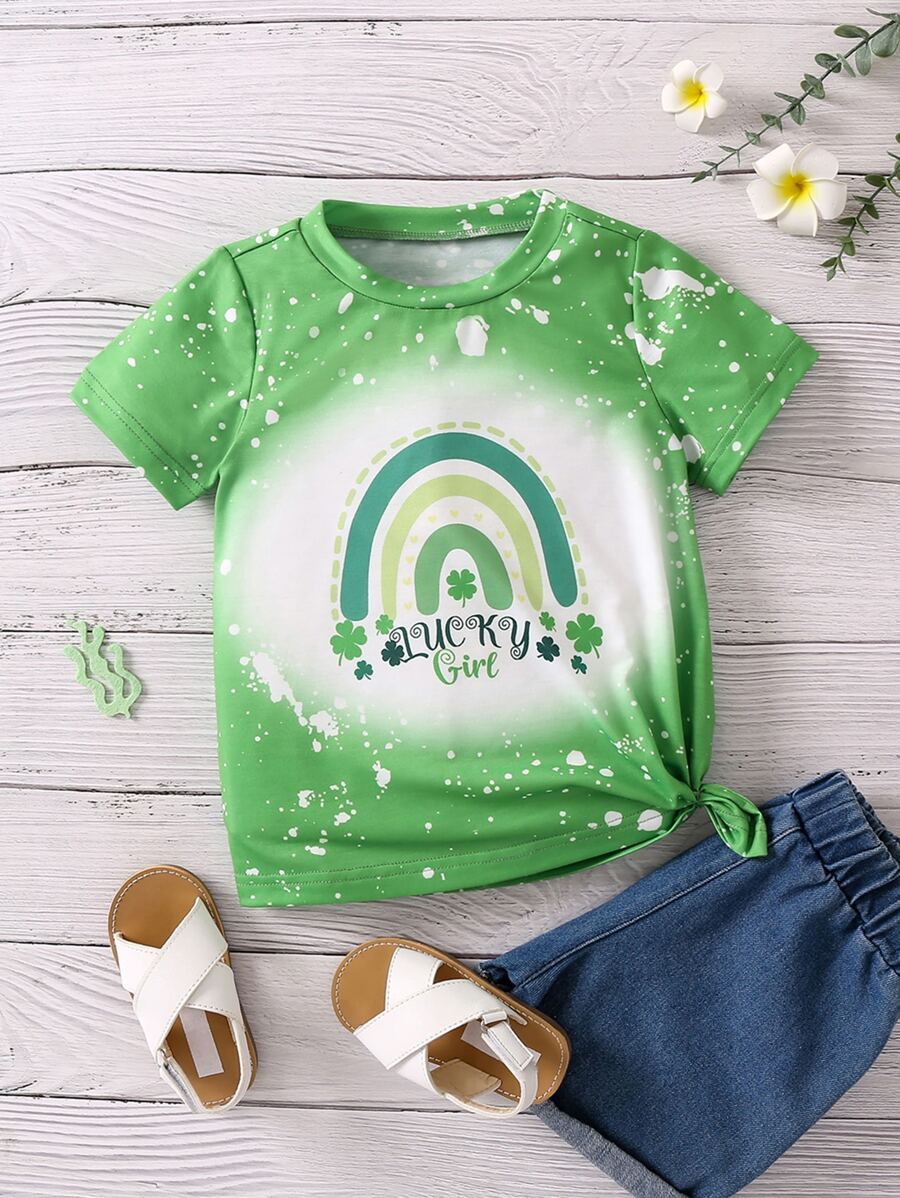 Toddler Girls Slogan & Rainbow Print Tee - Green - View 1