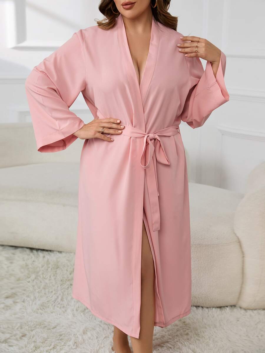 Bata con cinturón unicolor sin ropa interior - Rosa - Ver 1