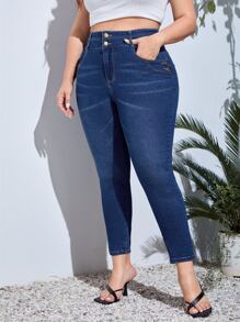 Plus High Waist Skinny Jeans - Dark Wash - View 3