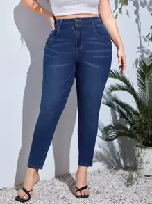 Plus High Waist Skinny Jeans - Dark Wash - View 1