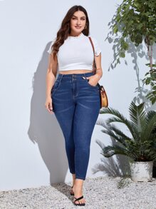 Plus High Waist Skinny Jeans - Dark Wash - View 5